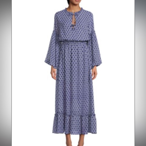 Miss Los Angeles Amata Geometric Peasant Maxi Dress XS Blue White - Picture 4 of 7